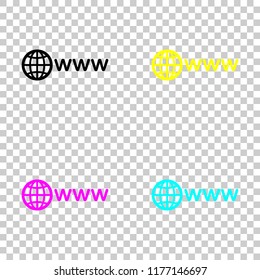 symbol of internet with globe and www. Colored set of cmyk icons on transparent background
