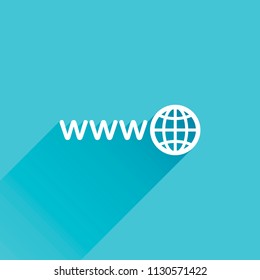 symbol of internet with globe and www. Gray icon with long shadow in bottom left corner on blue background