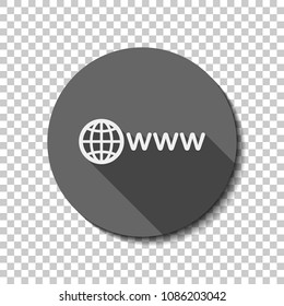 symbol of internet with globe and www. White flat icon with long shadow in circle on transparent background. Badge or sticker style