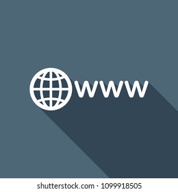 symbol of internet with globe and www. White flat icon with long shadow on background
