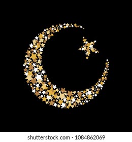 The symbol of Islam is a crescent moon and a star. A Muslim symbol. Abstraction Moon and stars on a black background.