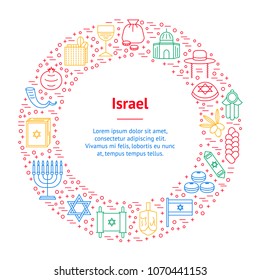 Symbol of Israel Thin Line Banner Card Circle Style Design Element Travel Religion. Vector illustration of Jewish National Culture, Food and Monument