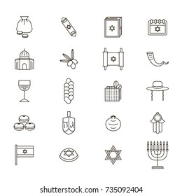 Symbol of Israel Thin Line Icon Set Style Design Element Travel Religion. Vector illustration of Jewish National Culture, Food and Monument