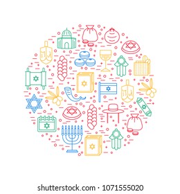 Symbol of Israel Thin Line Round Design Template Style Design Element Travel Religion. Vector illustration of Jewish National Culture, Food and Monument