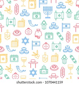 Symbol of Israel Thin Line Seamless Pattern Background Travel Religion. Vector illustration of Jewish National Culture, Food and Monument