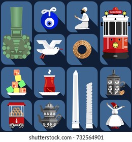 Symbol of Istanbul and Turkey. Traditional Turkish bagel car and bagel, teapot and tea glass, medusa, delight, muslim prayer. seagull, Concept of banner, flyer or invitation Vector illustration.