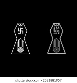 Symbol Jainism emblem Jain Prateek Chihna Hand Akhimsa Ahimsa arm religion Dharma Ahinsa Mahavir Jayanti set icon white color vector illustration image solid fill outline contour line thin flat style