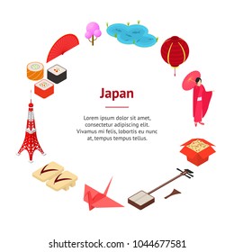 Symbol of Japan Banner Card Circle Isometric View Style Design Japanese Asian Element Travel Business. Vector illustration of Oriental National Culture, Food and Monument