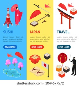 Symbol of Japan Banner Vecrtical Set Isometric View Style Design Japanese Asian Element Travel Business. Vector illustration of Oriental National Culture, Food and Monument