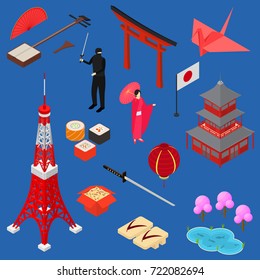 Symbol of Japan Icon Set Isometric View Style Design Japanese Asian Element Travel Business. Vector illustration of Oriental National Culture, Food and Monument