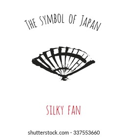 The symbol of Japan: silky fan. Black and white brushstroke ink hand drawn isolated element on a white background with two inscription around. Simple greeting card, poster, flyer.