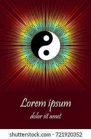 Symbol jin jang with multicolored rays aura on dark red background, spiritual flyer, poster, leaflet, book cover template vector EPS 10