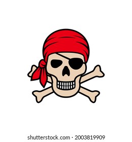 Symbol Jolly Roger. Icon pirate skull isolated on white background. Skull in bandanna and bones graphic sign. Vector illustration