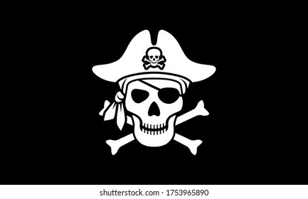 Symbol Jolly Roger. Pirate flag with white skull and bones isolated on black background. Sign skull in bandana and pirate hat. Vector illustration