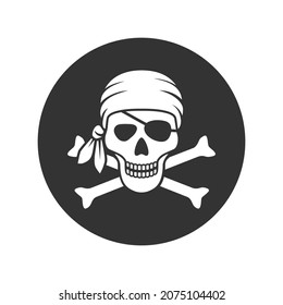 Symbol Jolly Roger. Skull and bones graphic sign in the black circle isolated on white background. Vector illustration