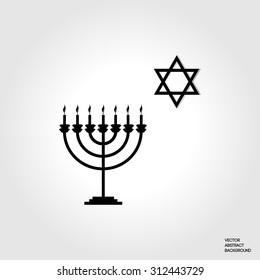 The symbol of Judaism. Menorah silhouette. Candlestick seven candles. Star of David. Religion Judaism.