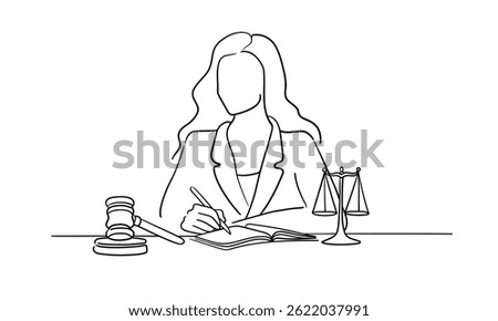 Symbol of justice and order continious line art drawing. Libra or law identity concept. Woman judge holds a judge's gavel in her hand. Vector illustartion isolated on white background.