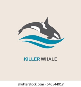 Symbol of killer whale and sea wave. Vector illustration