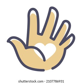 Symbol of kindness and love, volunteering and donation, partnership and assistance. Palm with heart on it, protection and security, isolated icon of hand. Sharing and giving. Vector in flat style