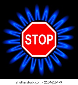 Symbol of the lack and shortage of natural gas, stop sign surrounded by gas flames, sanctions against Russia and gas shortages 3d icon, vector illustration
