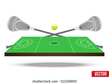 Symbol of lacrosse game. Sticks and ball on field in three-dimensional space. Vector illustration.