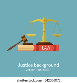 Symbol of law and justice. Concept law and justice. Scales of justice, gavel and book. Vector illustration flat design. For web banners, promotional materials, presentation templates