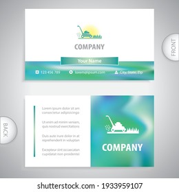 Symbol Lawnmower Cutting Green Grass. Lawn Mowing Service. Concept For Gardening Work. Business Card Template.