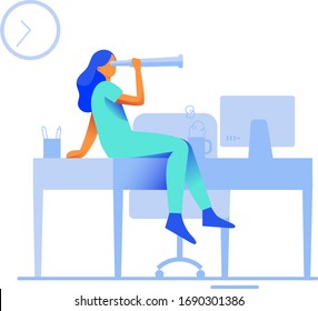 Symbol of leadership, strategy, mission, goals. Business vision concept with monocular business woman and telescope vector icon. Gender equity in business. Home office goals