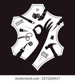 Symbol for leather tailoring. A set of tools for the leatherworker. Leather goods symbol