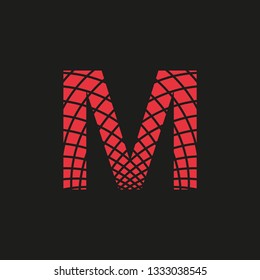 symbol letter M with appearance of footprint in red color on black background retro image, editable vector