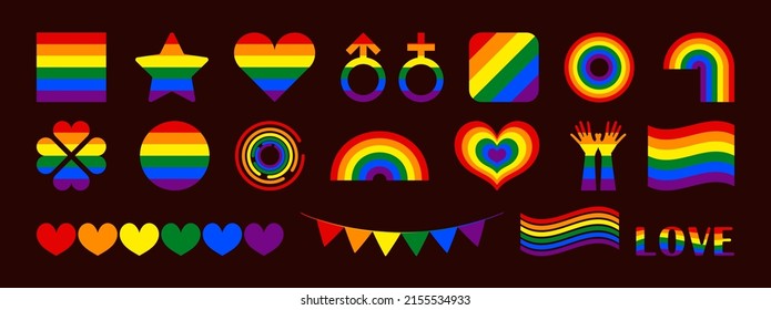 Symbol of the LGBT community. Set of LGBT pride or Rainbow elements in various shapes design. Human rights and gender equity symbol. LGBT flag or Rainbow flag. Vector illustration.