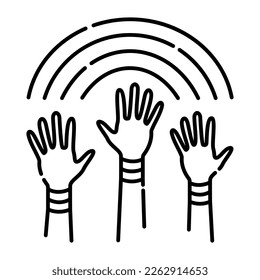 The symbol of lgbt love, hands up to rainbow, vector black line illustration