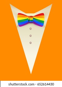 Symbol lgbt Rainbow tie butterfly and orange suit. Vector template greeting card illustration