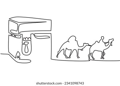 Symbol of life in the old Arab country. One continuous line of images of the kaaba and a camel driver and a camel carrying merchandise. Vector illustration of ancient arabic life.