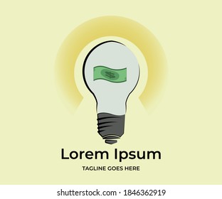 El símbolo de una bombilla de luz con un billete de dólar, la analogía del pensamiento creativo hace dinero. Bombilla plana de diseño.