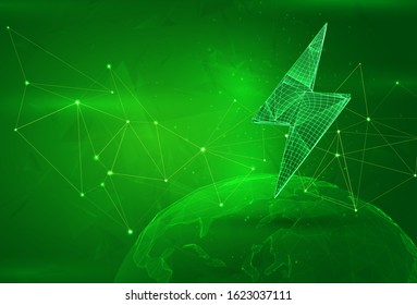 symbol of lightning over a polygonal planet, on a green background. global data calculation