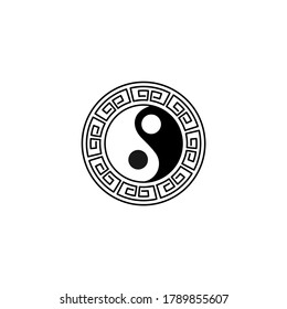 logotipo de símbolo para yin yang con marco de borde de círculo griego antiguo