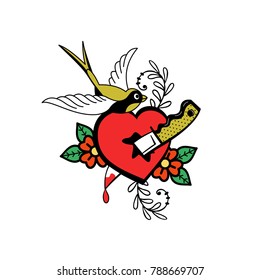 A symbol of love. Bird and heart pierced with a knife. Vector illustration in retro style. Isolated on a white background. For Valentine's day.