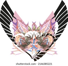 Symbol of love in black-pink tones with flying eagles inside. Bright black and colored heart for logos, posters, fabric products, prints on T-shirts, textiles, shields emblems, fashion trends, etc.