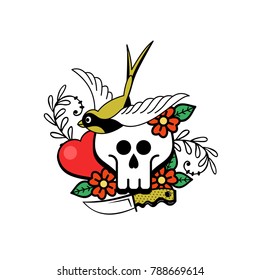 A symbol of love and death. Skull, heart, flower and bird. Vector illustration. Isolated on a white background. The symbol of Valentine's day.