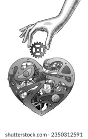 Symbol of love. Hand inserting a cogwheel into a metal winding heart isolated on white in vintage engraving style. Vector illustration