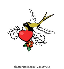 A symbol of love. Heart and bird. Vector illustration. Isolated on a white background. Happy Valentine's day.