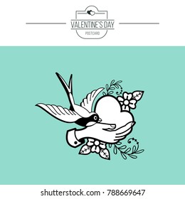 A symbol of love. Heart in the hand and a bird. Vector illustration in retro style. Isolated on white background. On Valentine's Day.