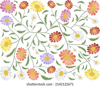 Symbol of Love, Illustration Background of Bright and Beautiful Pink, Red, White, Orange Yellow and Purple Daisy or Gerbera Flowers in A Green Garden for Home and Building Decoration.
