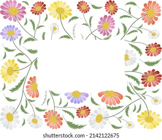 Symbol of Love, Illustration Frame of Bright and Beautiful Pink, Red, White, Orange Yellow and Purple Daisy or Gerbera Flowers in A Green Garden for Home and Building Decoration.
