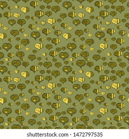 Symbol of love for the label gift packages. Seamless Valentines Day background of yellow, green and brown hearts. Flower petal in shape of heart confetti. Decor element for greeting cards. Transparent
