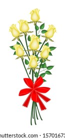 Symbol of Love and Luxury, An Illustration of Beautiful Yellow Rose Boquet with Red Ribbon and Bow for Someone Special. 