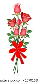 Symbol Of Love And Luxury, An Illustration Of Beautiful Red Rose Boquet With Red Ribbon And Bow For Someone Special. 