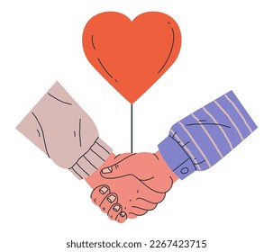 Symbol of love peace healthcare unity concept. People different nationalities hold hearts. Vector graphic design element illustration