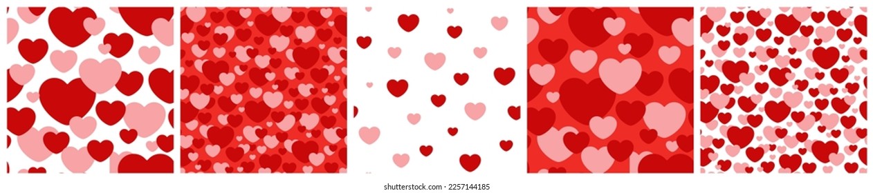 Symbol of love seamless pattern set for Valentine's day product packaging. Different scale heart background in red, pink and white colors.